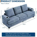 Canapé moderne 3 places bleu 89, assise profonde avec porte-gobelets et poches de rangement latérales, pour salon et appartement