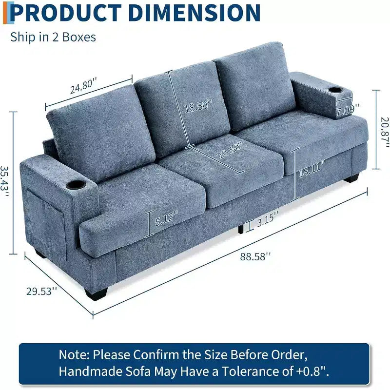 Canapé moderne 3 places bleu 89, assise profonde avec porte-gobelets et poches de rangement latérales, pour salon et appartement