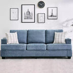 Canapé moderne 3 places bleu 89, assise profonde avec porte-gobelets et poches de rangement latérales, pour salon et appartement
