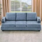 Canapé moderne 3 places bleu 89, assise profonde avec porte-gobelets et poches de rangement latérales, pour salon et appartement