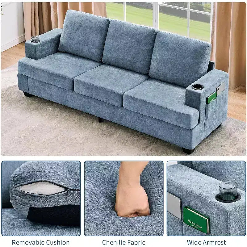 Canapé moderne 3 places bleu 89, assise profonde avec porte-gobelets et poches de rangement latérales, pour salon et appartement