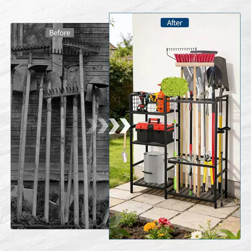 Organisateur d'outils de jardin, support de rangement à 3 niveaux pour outils de jardinage, pour jusqu'à 35 outils à long manche, support d'outils de jardin autonome pour abri de jardin