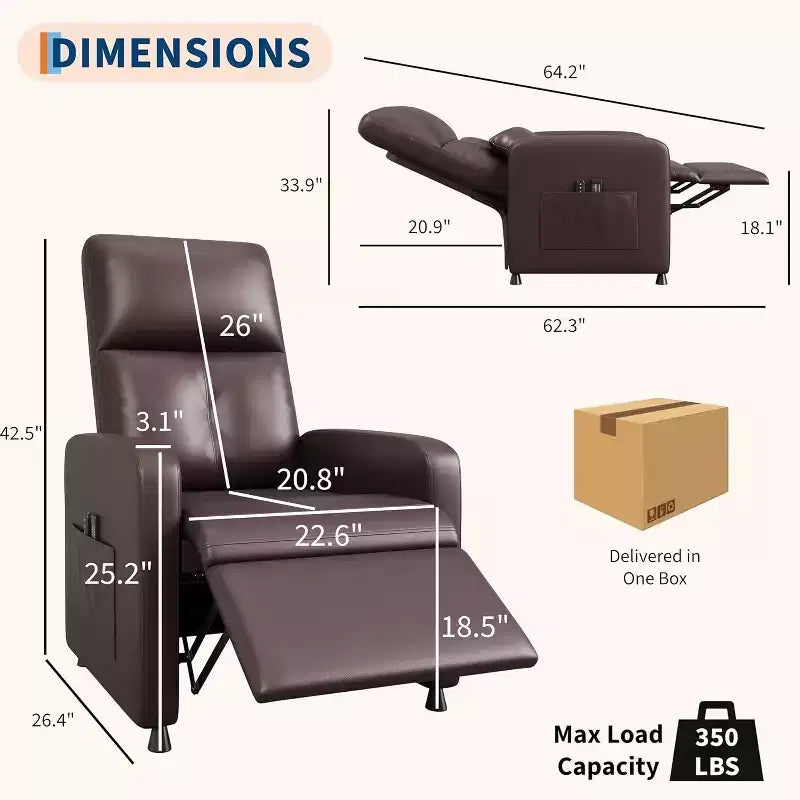 Fauteuil inclinable électrique avec massage, chaleur, poches de rangement et USB – Fauteuil de cinéma maison en similicuir