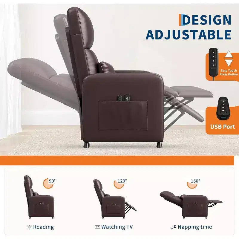Fauteuil inclinable électrique avec massage, chaleur, poches de rangement et USB – Fauteuil de cinéma maison en similicuir