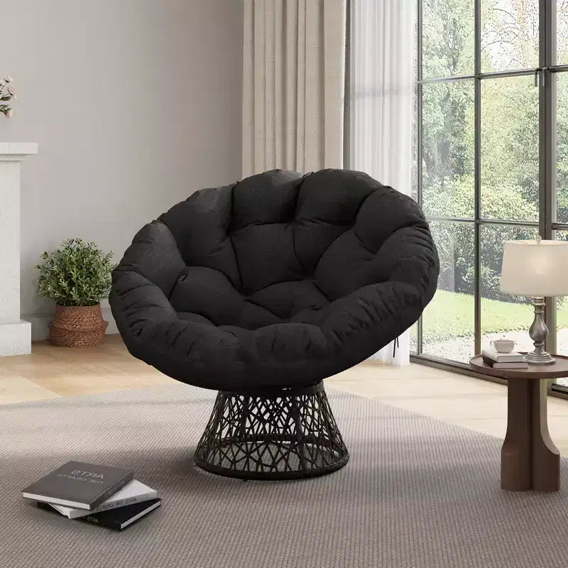 Fauteuil pivotant Papasan en osier de 37 pouces avec coussin épais, fauteuil de salon rond pour l'extérieur et l'intérieur, cadre en acier