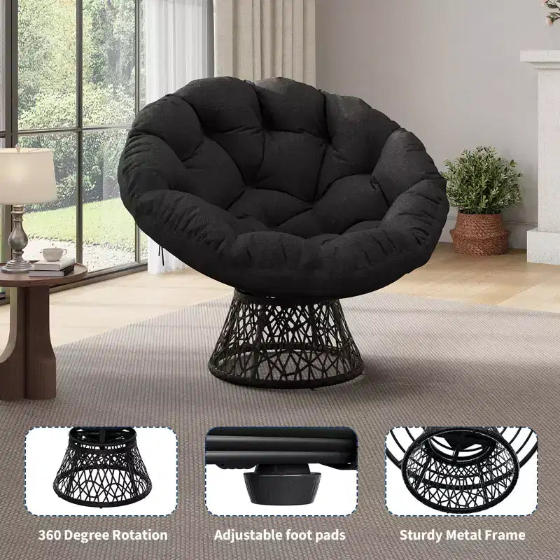 Fauteuil pivotant Papasan en osier de 37 pouces avec coussin épais, fauteuil de salon rond pour l'extérieur et l'intérieur, cadre en acier