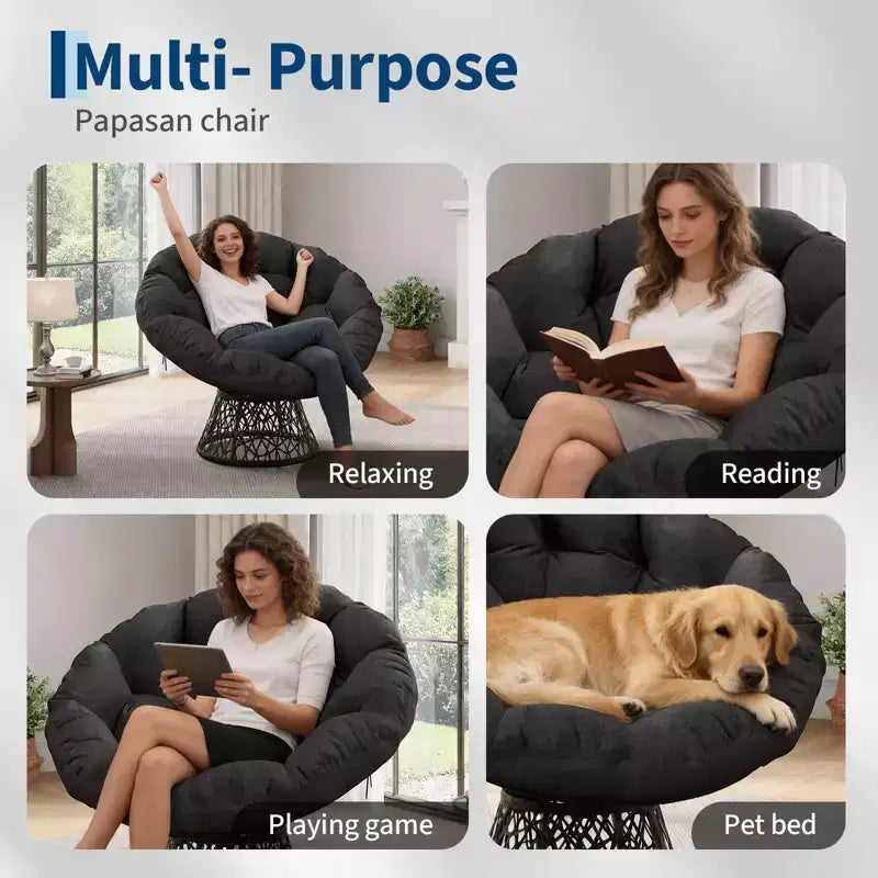 Fauteuil pivotant Papasan en osier de 37 pouces avec coussin épais, fauteuil de salon rond pour l'extérieur et l'intérieur, cadre en acier