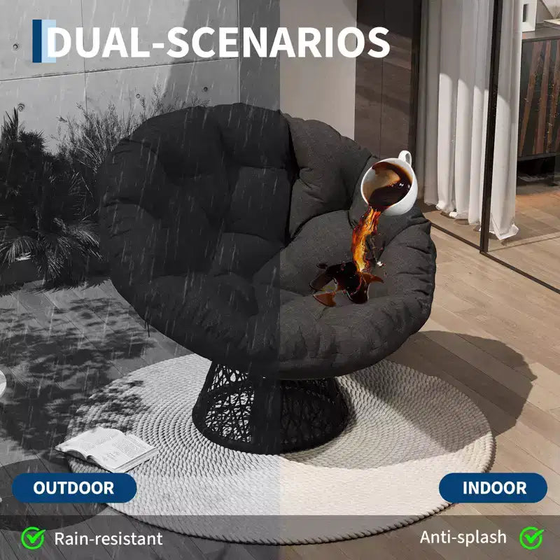 Fauteuil pivotant Papasan en osier de 37 pouces avec coussin épais, fauteuil de salon rond pour l'extérieur et l'intérieur, cadre en acier