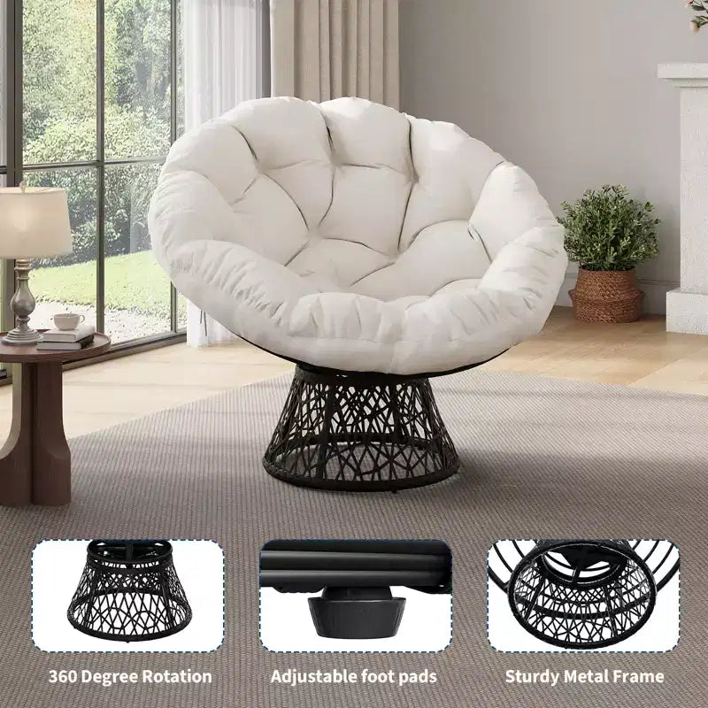Fauteuil pivotant Papasan en osier de 37 pouces avec coussin épais, fauteuil de salon rond pour l'extérieur et l'intérieur, cadre en acier