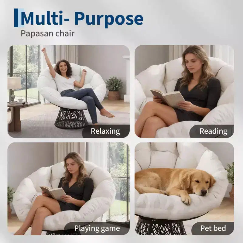 Fauteuil pivotant Papasan en osier de 37 pouces avec coussin épais, fauteuil de salon rond pour l'extérieur et l'intérieur, cadre en acier