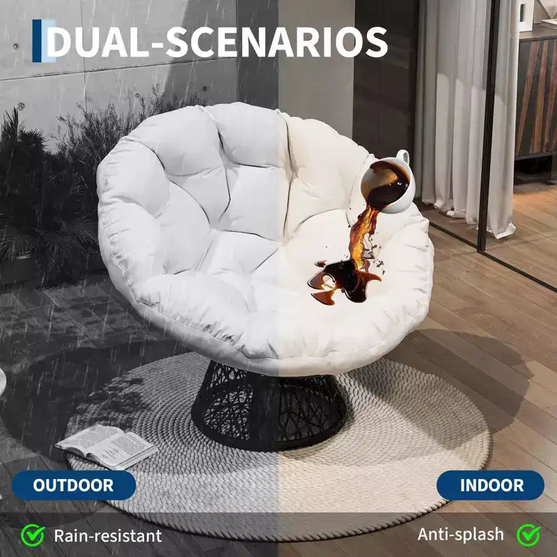 Fauteuil pivotant Papasan en osier de 37 pouces avec coussin épais, fauteuil de salon rond pour l'extérieur et l'intérieur, cadre en acier
