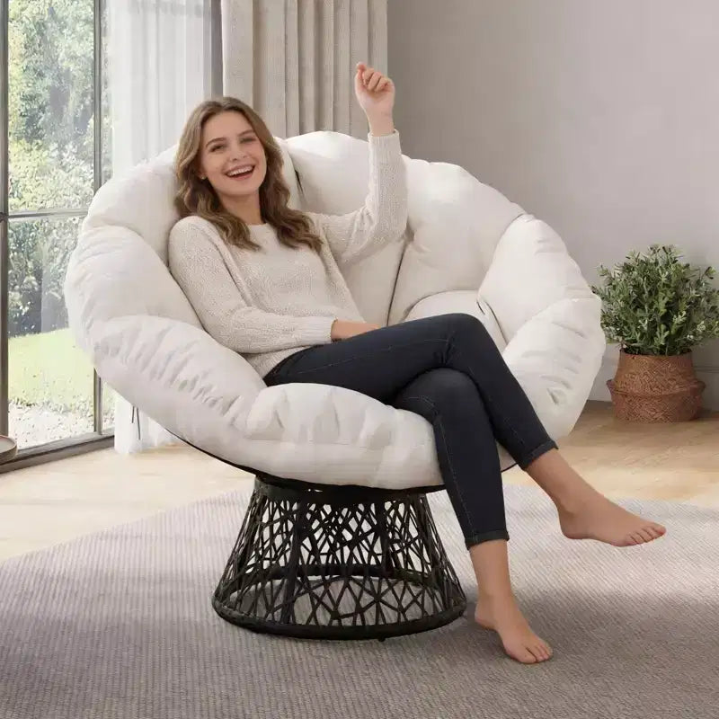 Fauteuil pivotant Papasan en osier de 37 pouces avec coussin épais, fauteuil de salon rond pour l'extérieur et l'intérieur, cadre en acier