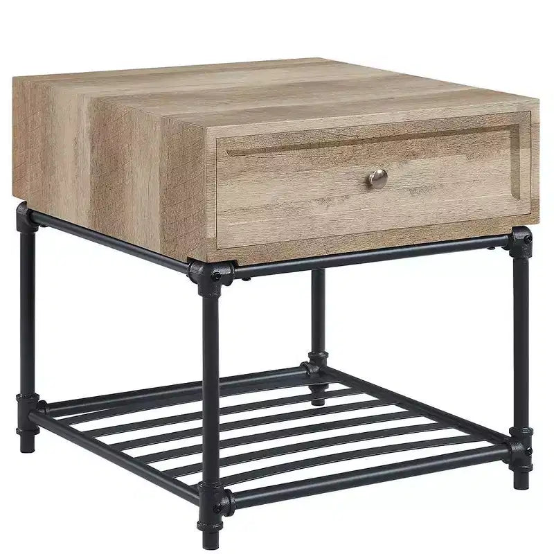 Table d'appoint de 56 cm avec tiroir et étagère ouverte – Chêne et noir sable, aucun assemblage requis