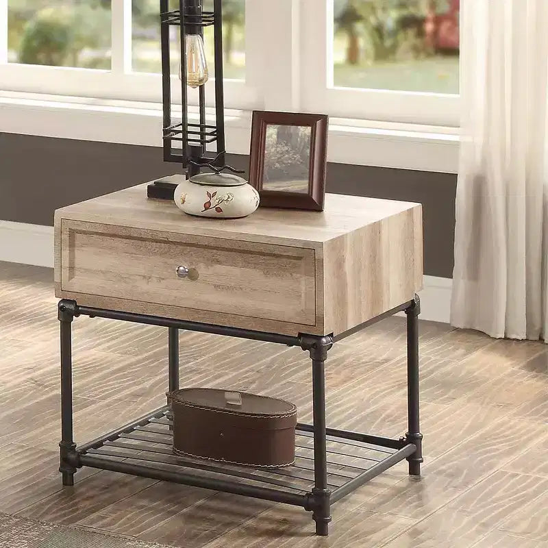 Table d'appoint de 56 cm avec tiroir et étagère ouverte – Chêne et noir sable, aucun assemblage requis