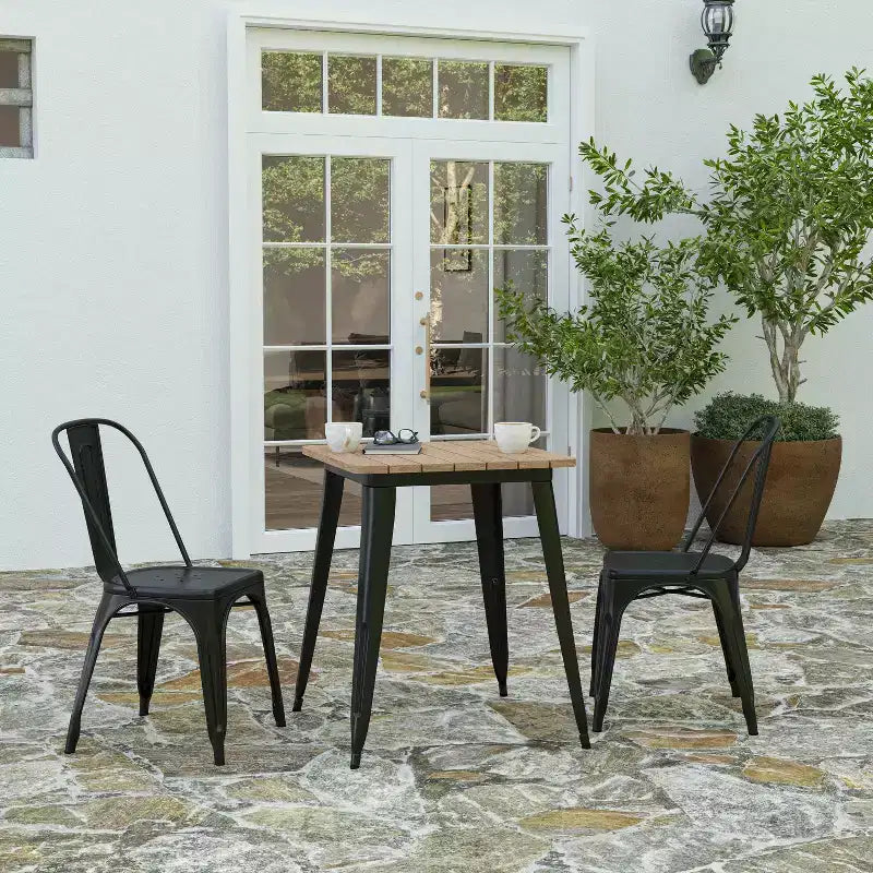 Table à manger intérieure/extérieure, plateau carré en polyrésine toutes saisons de 23,75 po avec base en acier