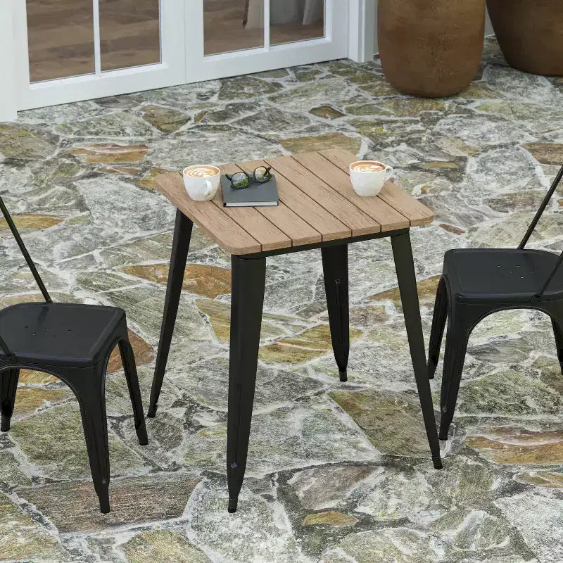 Table à manger intérieure/extérieure, plateau carré en polyrésine toutes saisons de 23,75 po avec base en acier