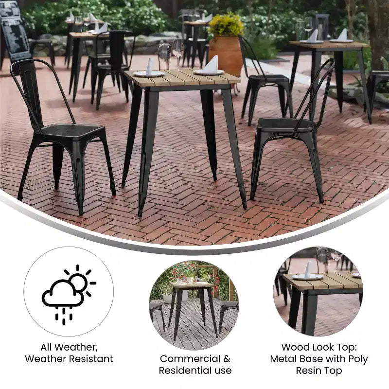 Table à manger intérieure/extérieure, plateau carré en polyrésine toutes saisons de 23,75 po avec base en acier