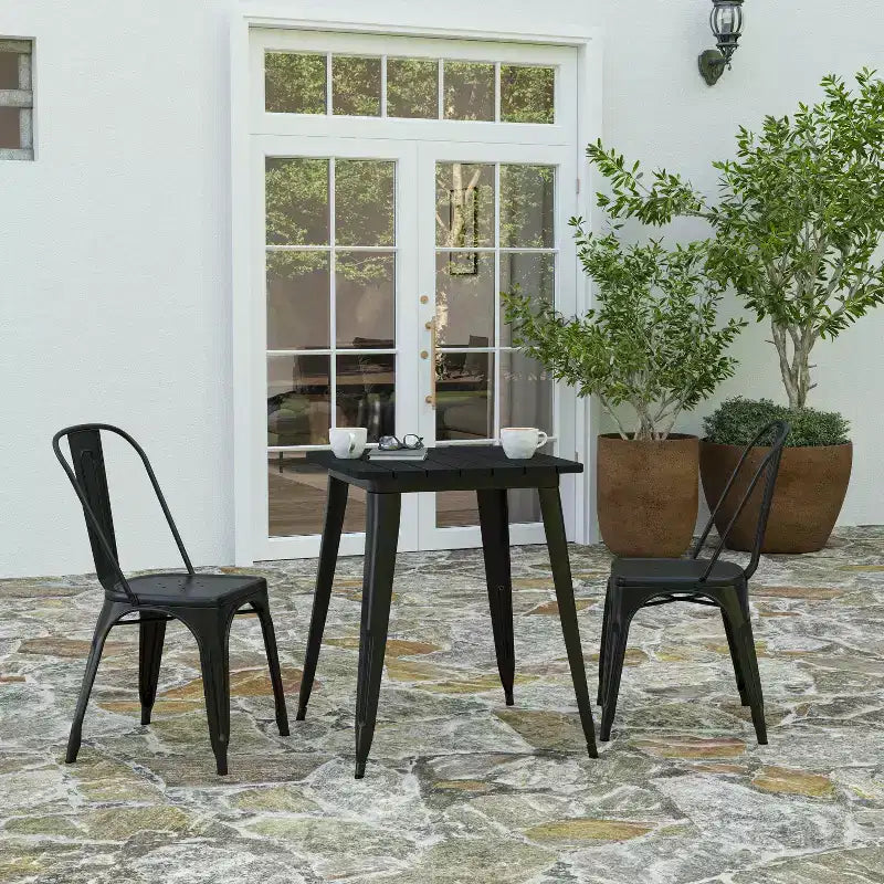 Table à manger intérieure/extérieure, plateau carré en polyrésine toutes saisons de 23,75 po avec base en acier
