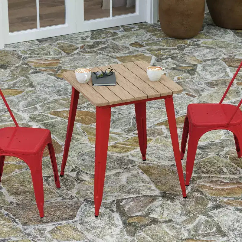 Table à manger intérieure/extérieure, plateau carré en polyrésine toutes saisons de 23,75 po avec base en acier