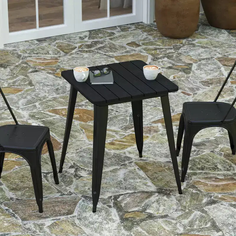 Table à manger intérieure/extérieure, plateau carré en polyrésine toutes saisons de 23,75 po avec base en acier