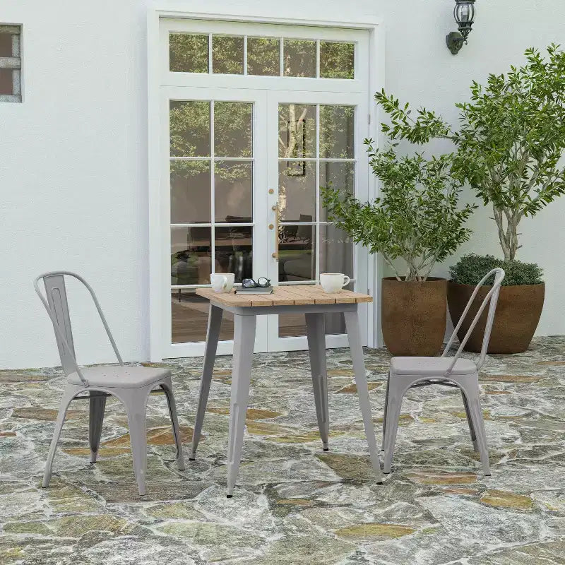 Table à manger intérieure/extérieure, plateau carré en polyrésine toutes saisons de 23,75 po avec base en acier