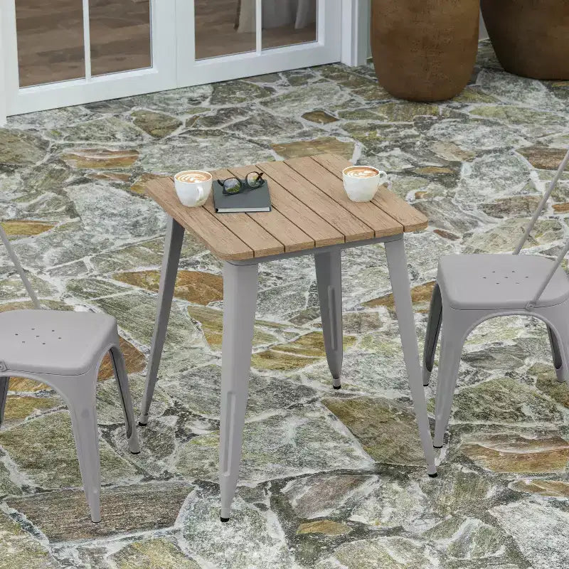 Table à manger intérieure/extérieure, plateau carré en polyrésine toutes saisons de 23,75 po avec base en acier