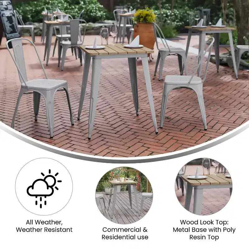 Table à manger intérieure/extérieure, plateau carré en polyrésine toutes saisons de 23,75 po avec base en acier