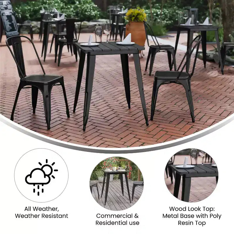 Table à manger intérieure/extérieure, plateau carré en polyrésine toutes saisons de 23,75 po avec base en acier