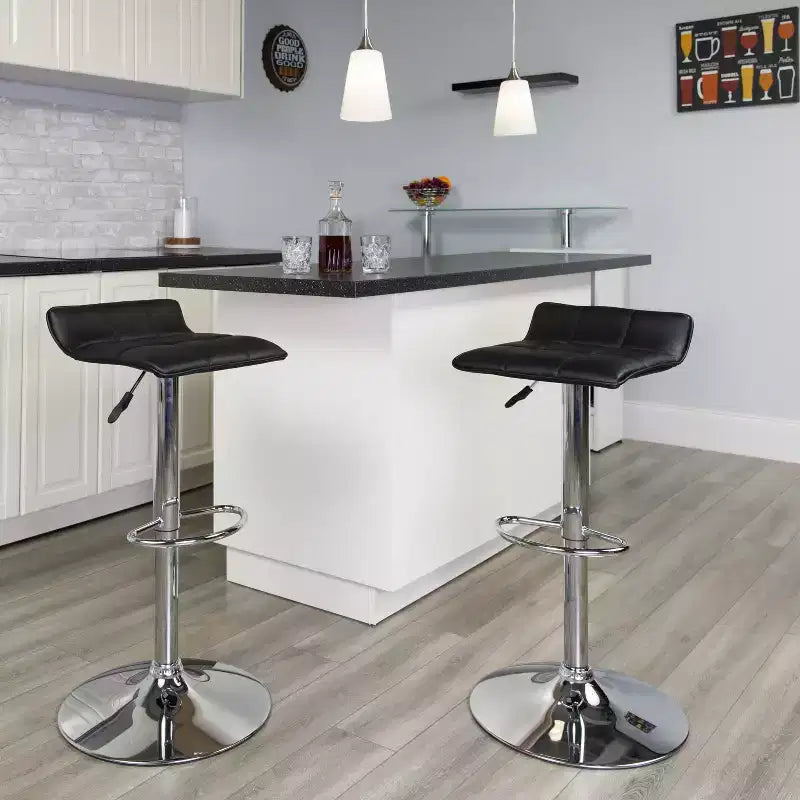 Tabouret de bar lot de 2 en vinyle à hauteur réglable avec siège matelassé motif vague et base chromée
