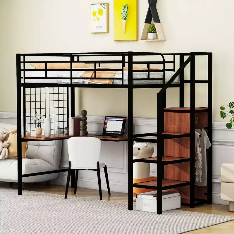 Twin Size Metal Loft Bed with Desk and Metal Grid, Stylish Metal Frame Bed with Storage Ladder and Wardrobe - ModernLuxe