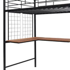 Lit mezzanine en métal pour jumeaux avec bureau intégré, grille métallique, échelle de rangement et armoire