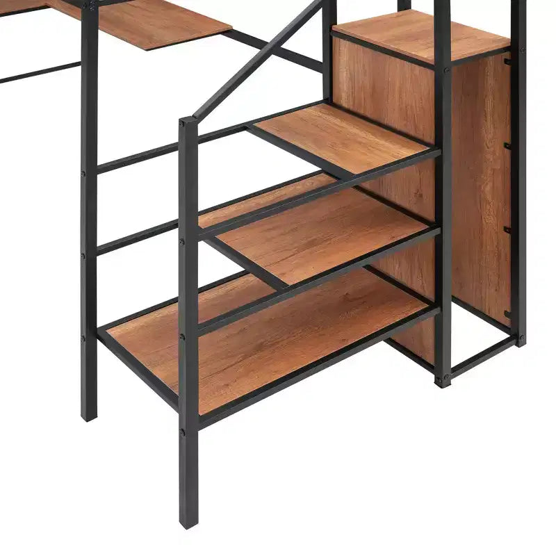 Lit mezzanine en métal pour jumeaux avec bureau intégré, grille métallique, échelle de rangement et armoire