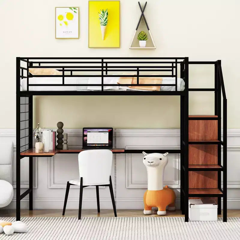 Lit mezzanine en métal pour jumeaux avec bureau intégré, grille métallique, échelle de rangement et armoire