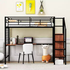 Lit mezzanine en métal pour jumeaux avec bureau intégré, grille métallique, échelle de rangement et armoire