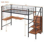 Lit mezzanine en métal pour jumeaux avec bureau intégré, grille métallique, échelle de rangement et armoire
