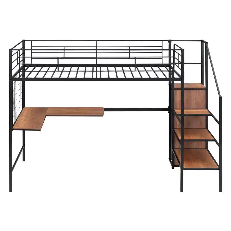 Lit mezzanine en métal pour jumeaux avec bureau intégré, grille métallique, échelle de rangement et armoire