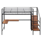 Lit mezzanine en métal pour jumeaux avec bureau intégré, grille métallique, échelle de rangement et armoire