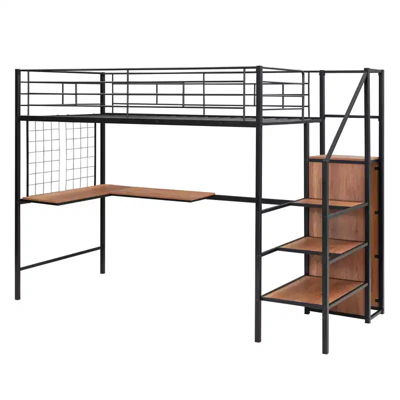Lit mezzanine en métal pour jumeaux avec bureau intégré, grille métallique, échelle de rangement et armoire