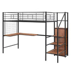 Lit mezzanine en métal pour jumeaux avec bureau intégré, grille métallique, échelle de rangement et armoire