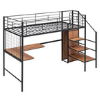 Lit mezzanine en métal pour jumeaux avec bureau intégré, grille métallique, échelle de rangement et armoire