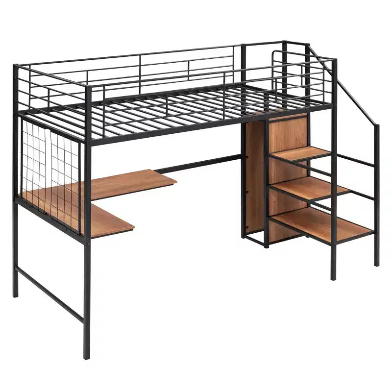 Lit mezzanine en métal pour jumeaux avec bureau intégré, grille métallique, échelle de rangement et armoire