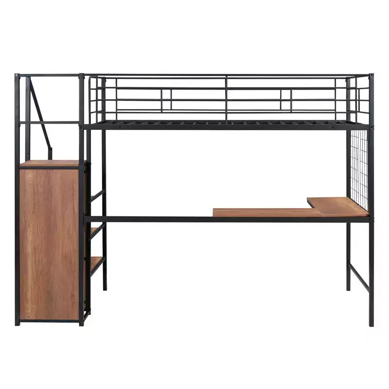 Lit mezzanine en métal pour jumeaux avec bureau intégré, grille métallique, échelle de rangement et armoire
