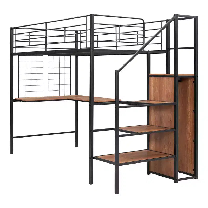 Lit mezzanine en métal pour jumeaux avec bureau intégré, grille métallique, échelle de rangement et armoire