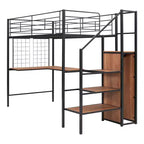Lit mezzanine en métal pour jumeaux avec bureau intégré, grille métallique, échelle de rangement et armoire