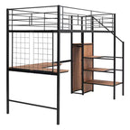 Lit mezzanine en métal pour jumeaux avec bureau intégré, grille métallique, échelle de rangement et armoire