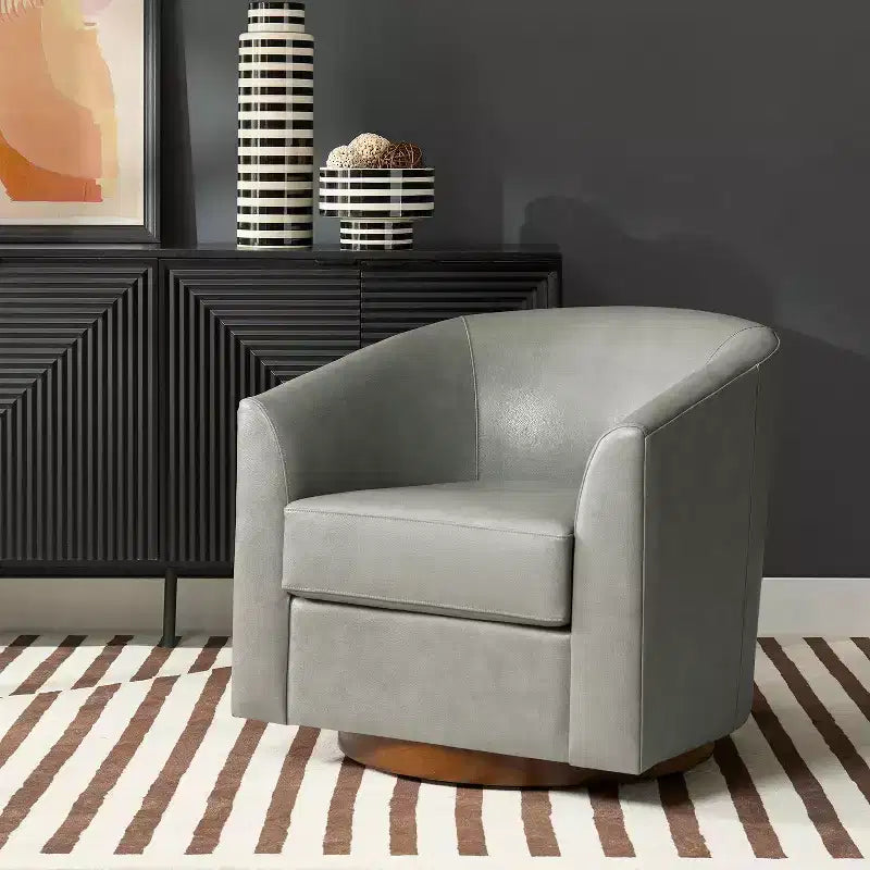 Fauteuil pivotant à 360° en cuir véritable avec piètement en bois massif