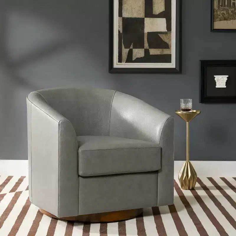 Fauteuil pivotant à 360° en cuir véritable avec piètement en bois massif