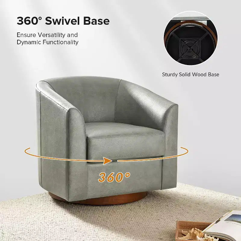 Fauteuil pivotant à 360° en cuir véritable avec piètement en bois massif