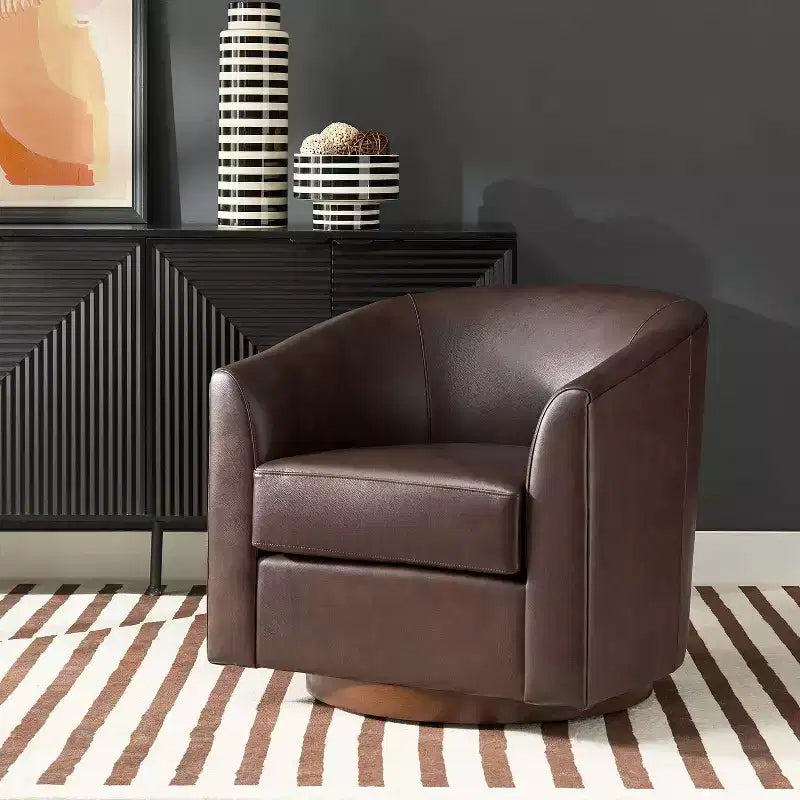 Fauteuil pivotant à 360° en cuir véritable avec piètement en bois massif