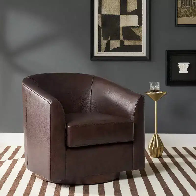 Fauteuil pivotant à 360° en cuir véritable avec piètement en bois massif